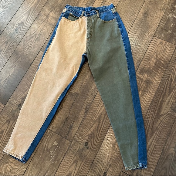 Vintage Lebon USA Rare Colorblock Tapered Green Brown Blue Jeans 15-16 Womens‎